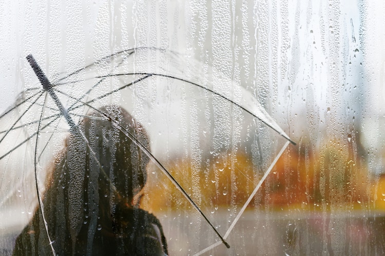 A woman standing under an umbrella.