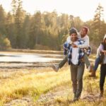 A family hiking in the woods.