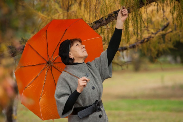 A woman under an umbrella.