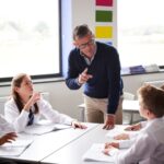 A teacher talking to a group of pupils in a classroom.