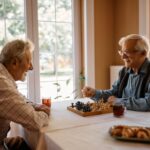 Two men playing chess at home